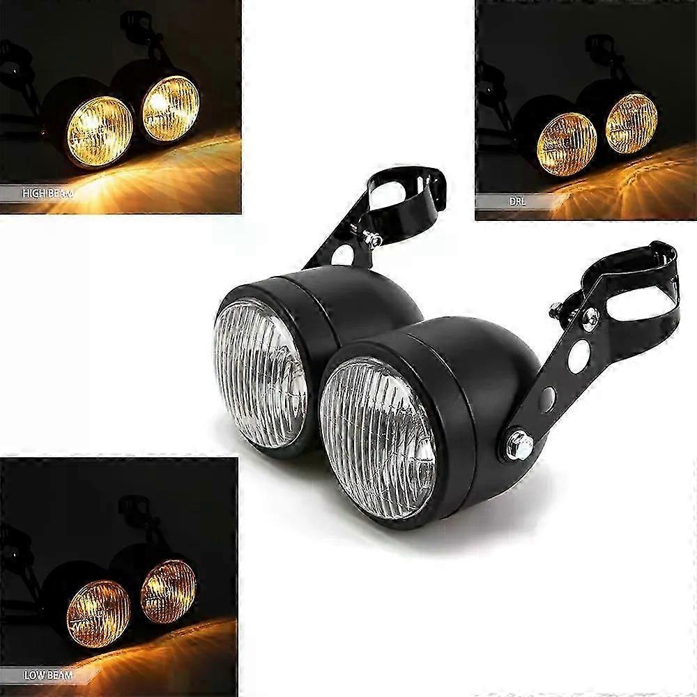 Universal Motorcycle Dual Headlight Halogen H4 Bulb w/ Bracket for Cafe Racer Bobber Cruiser