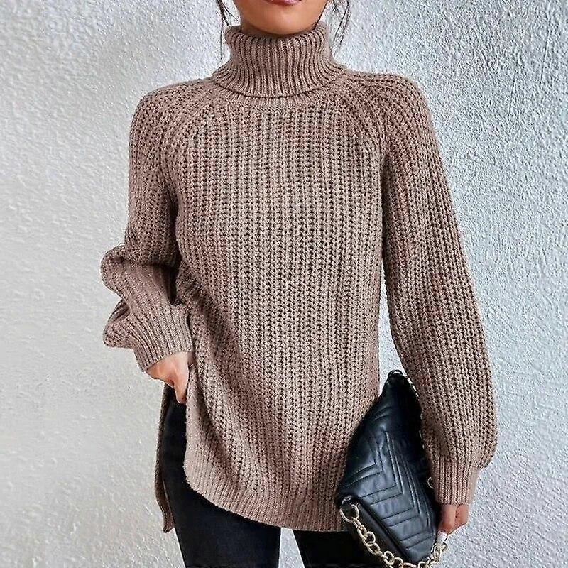 Autumn/Winter Soft Knitwear Fashion Raglan Long Sleeve Turtleneck Split Sweater Casual Warm Solid Mid-length Pullover 29572