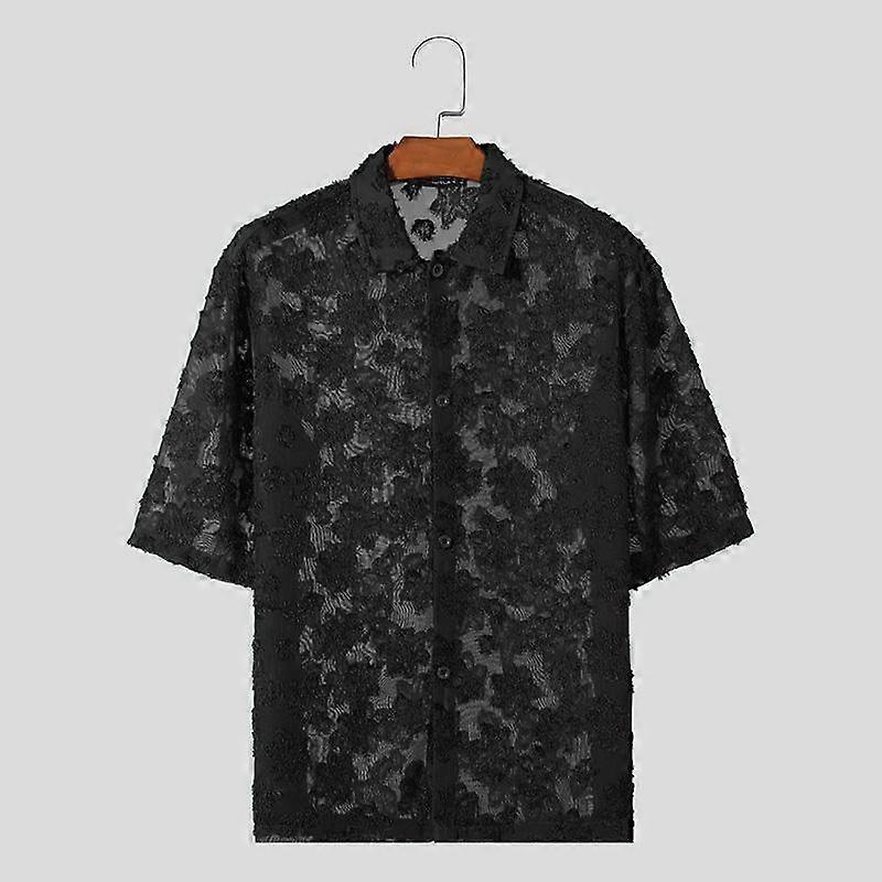 INCERUN Elegant Men Lace Tassel See Through Short Sleeve Shirts