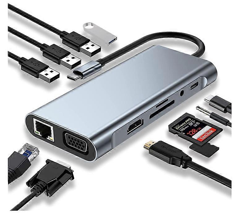 USB C HUB, Docking Station, 11-in-1 USB C Adapter with 4K-HDMI, VGA, USB 3.0 port, Type C PD, RJ45 Ethernet, Sliver