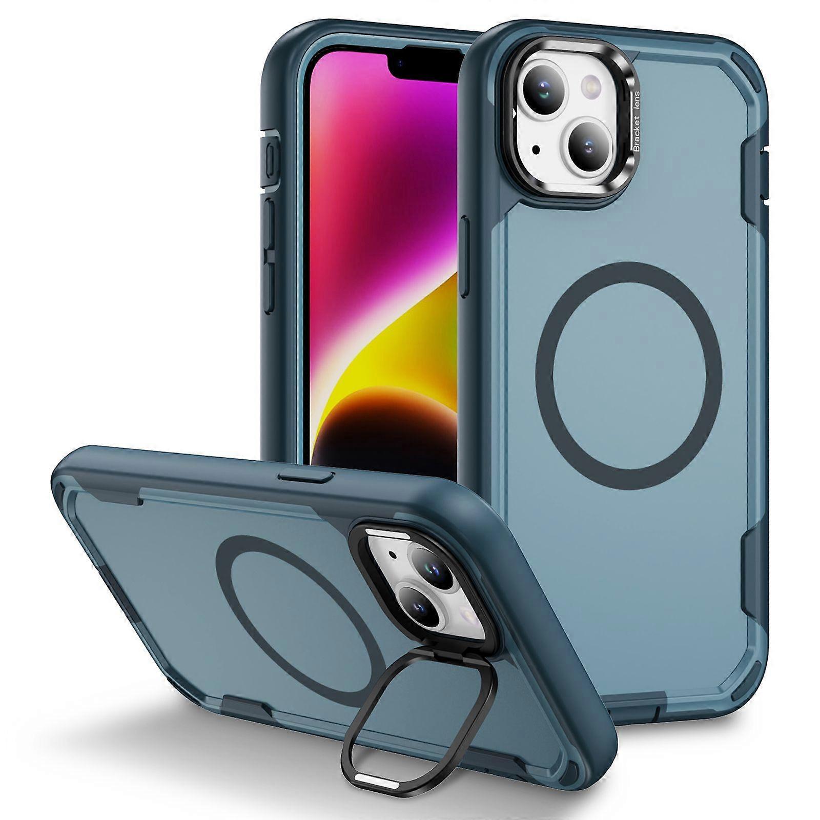 For iPhone 15 Plus/ 14 Plus Case Compatible with MagSafe Lens Frame Kickstand TPU + PC Shockproof Phone Cover