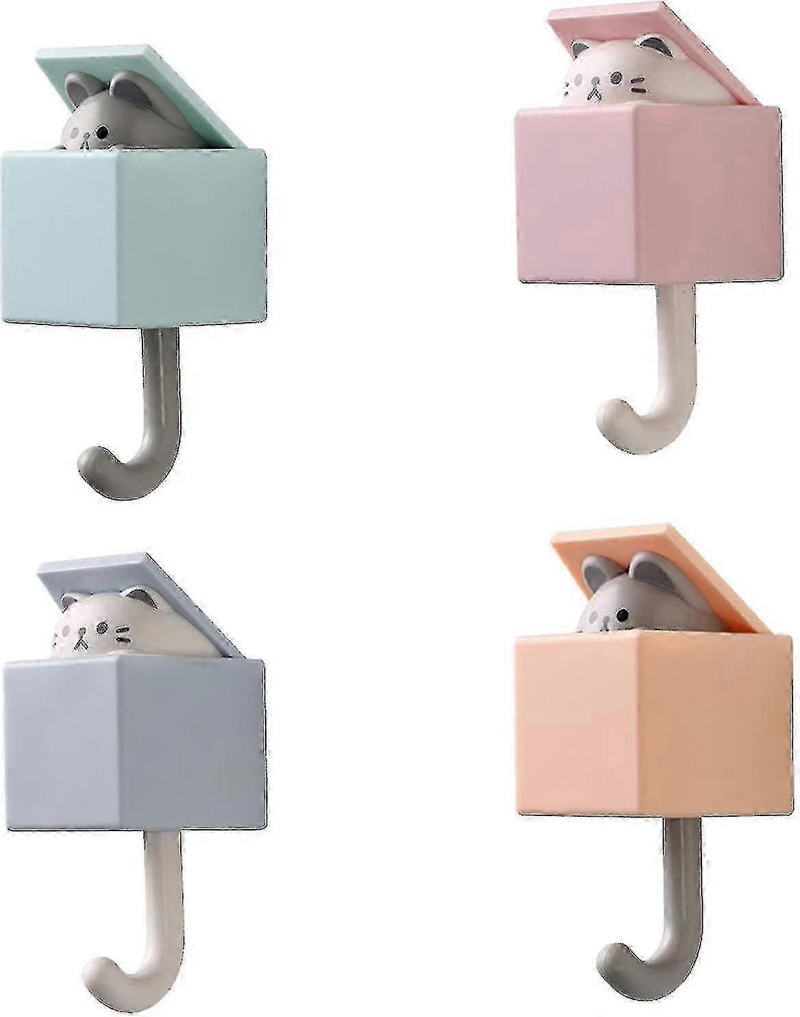 Creative Adhesive Coat Hook, 4 Pcs Cute Utility Cat Hooks for Wall Hanging Decorations (4 Colors)