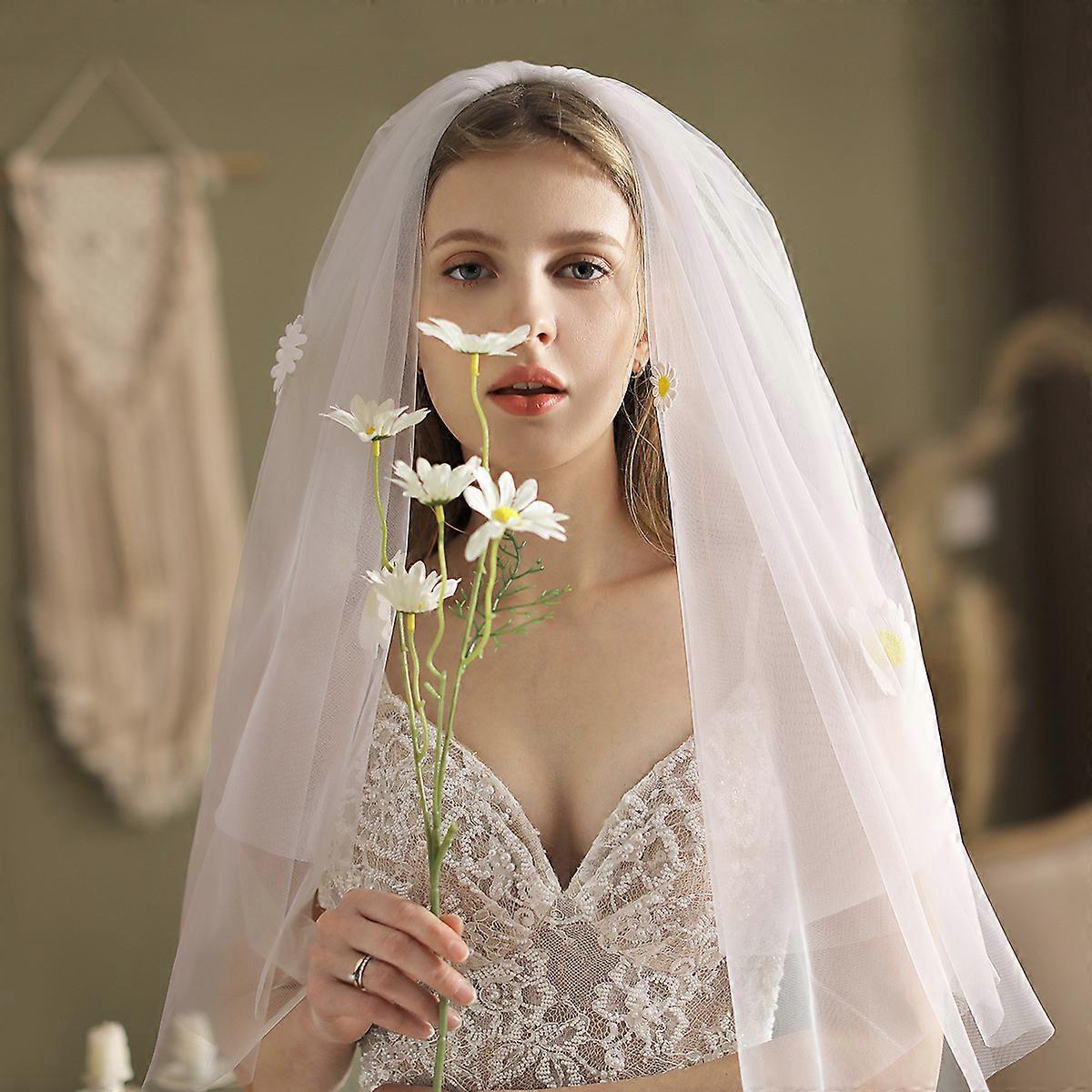 Medium length two-layer bridal veil, minimalist white wedding headpiece, 60*108cm