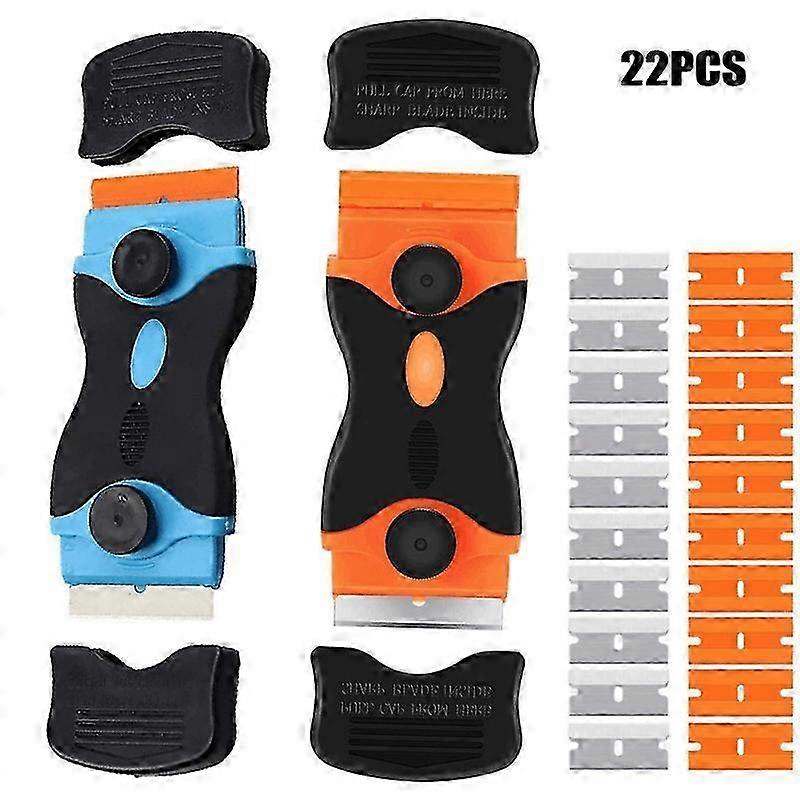 2PACK Razor Blade Scraper, 2-in-1 Cleaning Tool with 10 Plastic and 10 Metal Blades for Various Surfaces