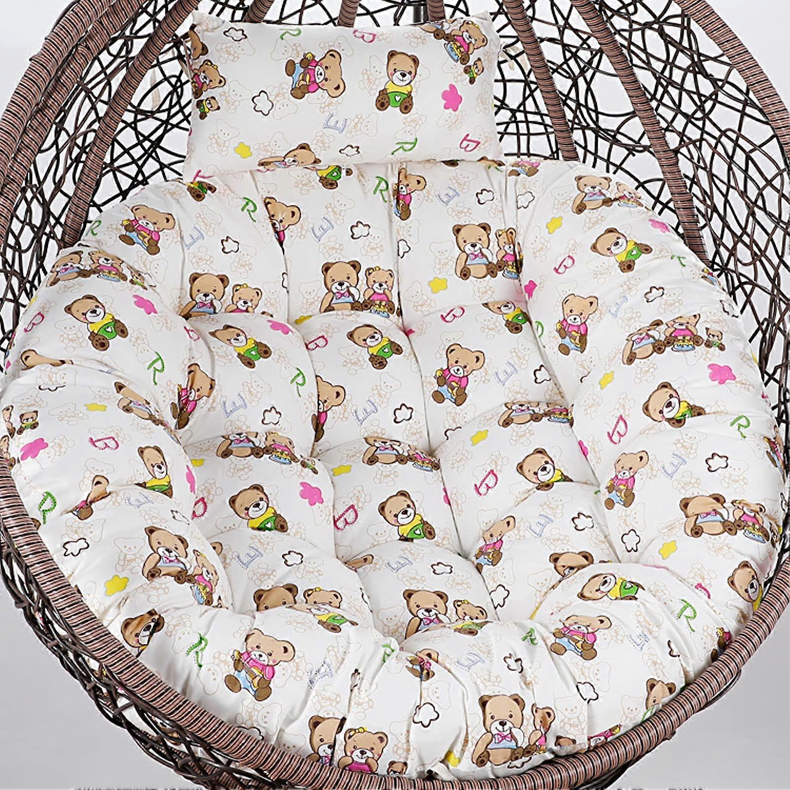Swing cushion, replacement with detachable, washable hanging basket, chair cushion, fixed straps, for garden, beach, outdoor, indoor, bear pattern