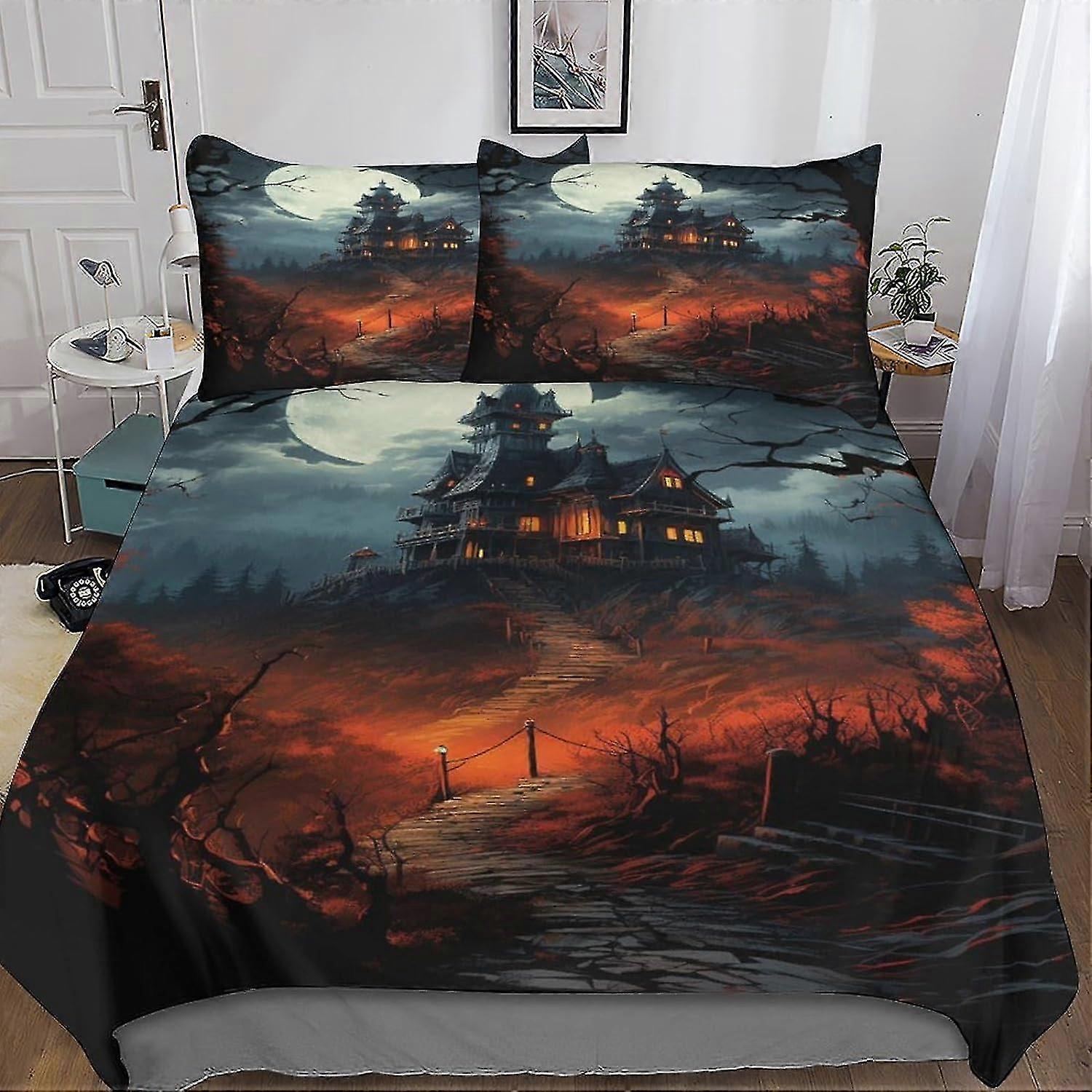 Conjunto de capa de edredom impresso em 3D com fronhas para crianças e adultos - Conjunto de cama de colcha de arquitetura assustadora