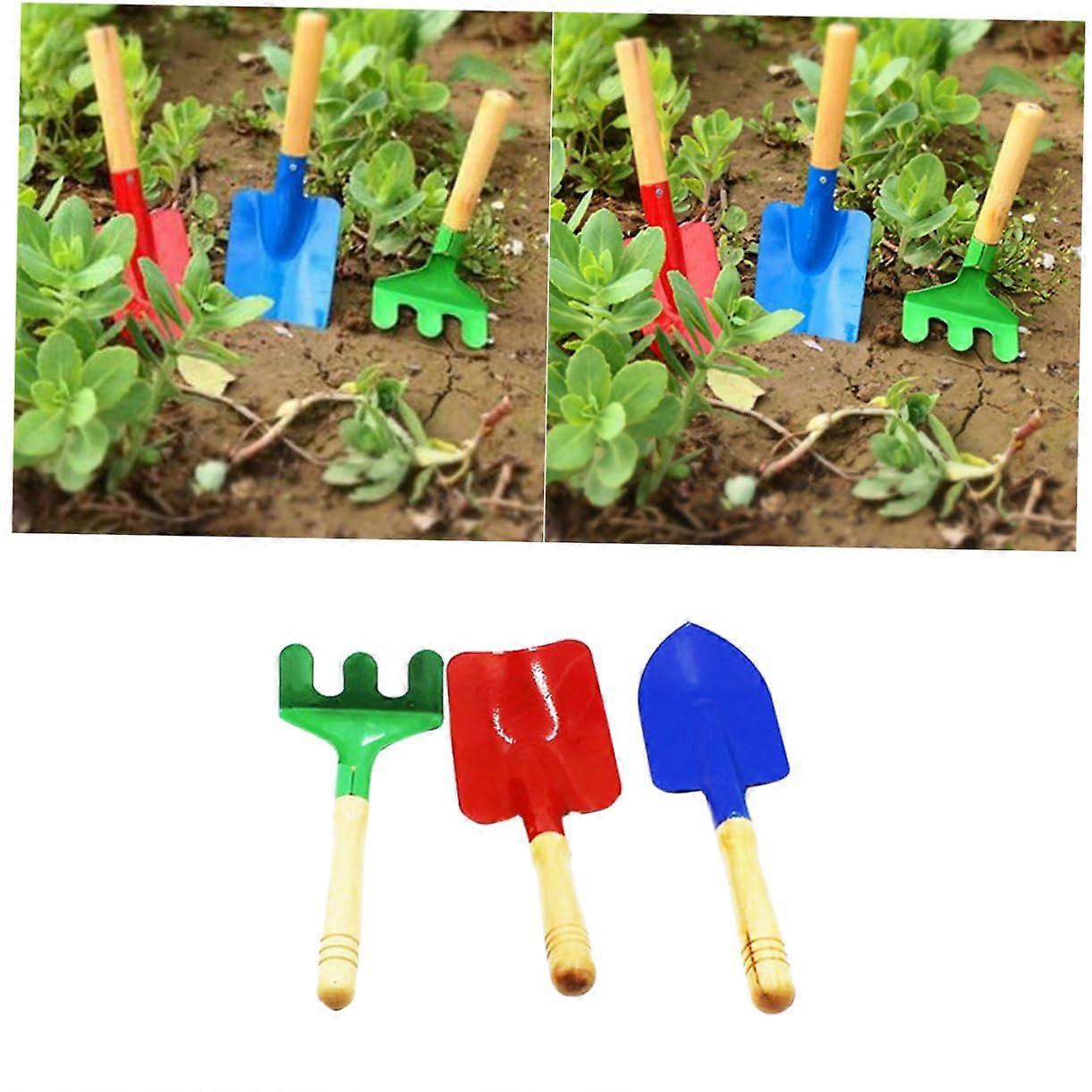 3piece mini garden tool set with colorful wooden handles for small hands, for gardening and sandbox adventures.