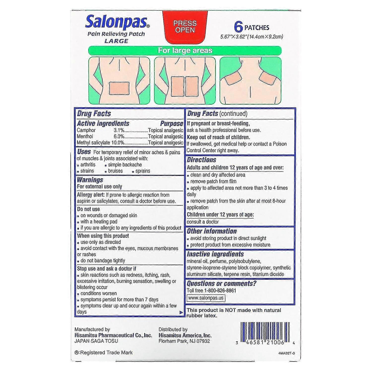 Salonpas, Pain Relieving Patch, Large, 6 Patches