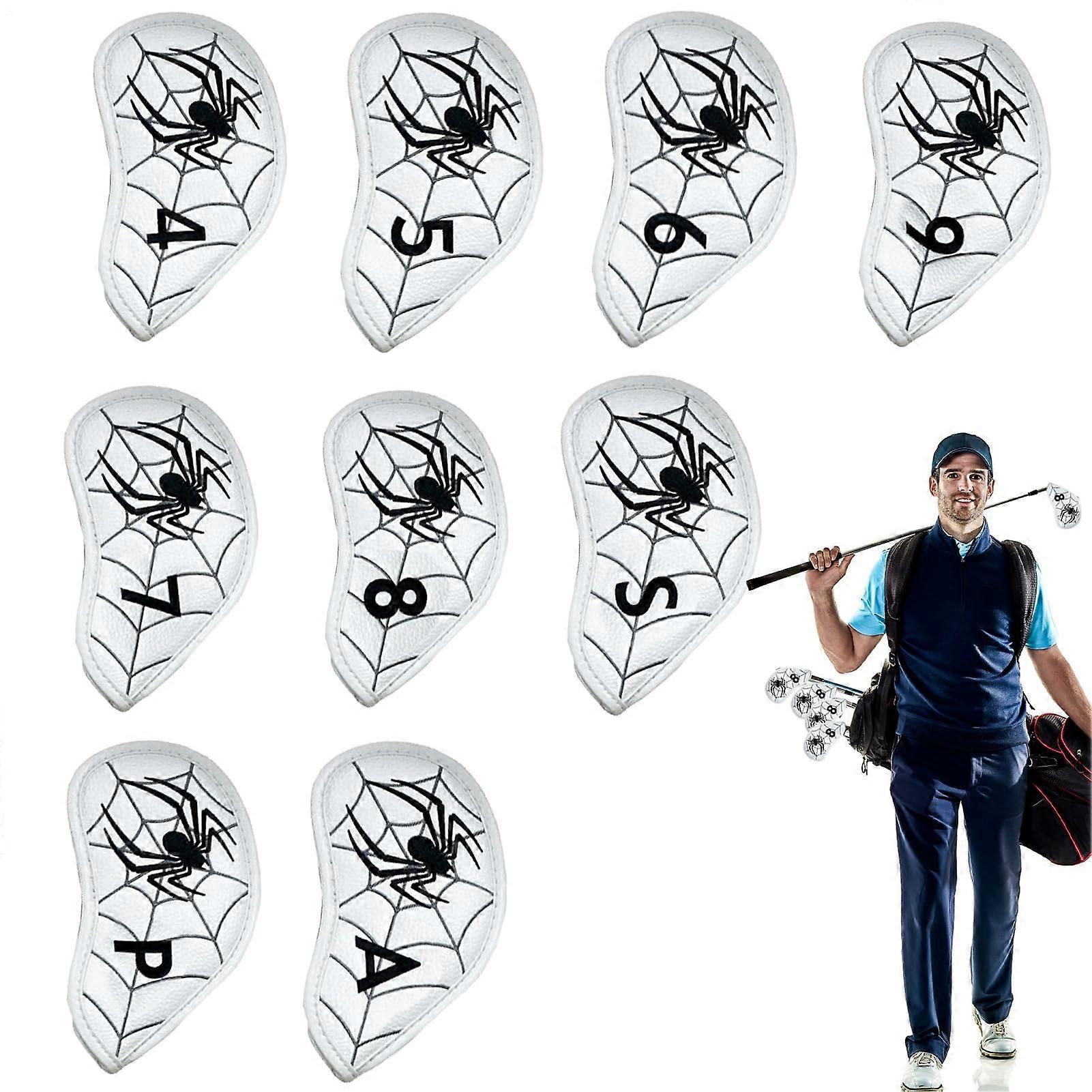 Iron Head Covers for Golf Clubs - 9-Piece Embroidered Spider Pattern Set PU Leather Binding Collision Prevention White