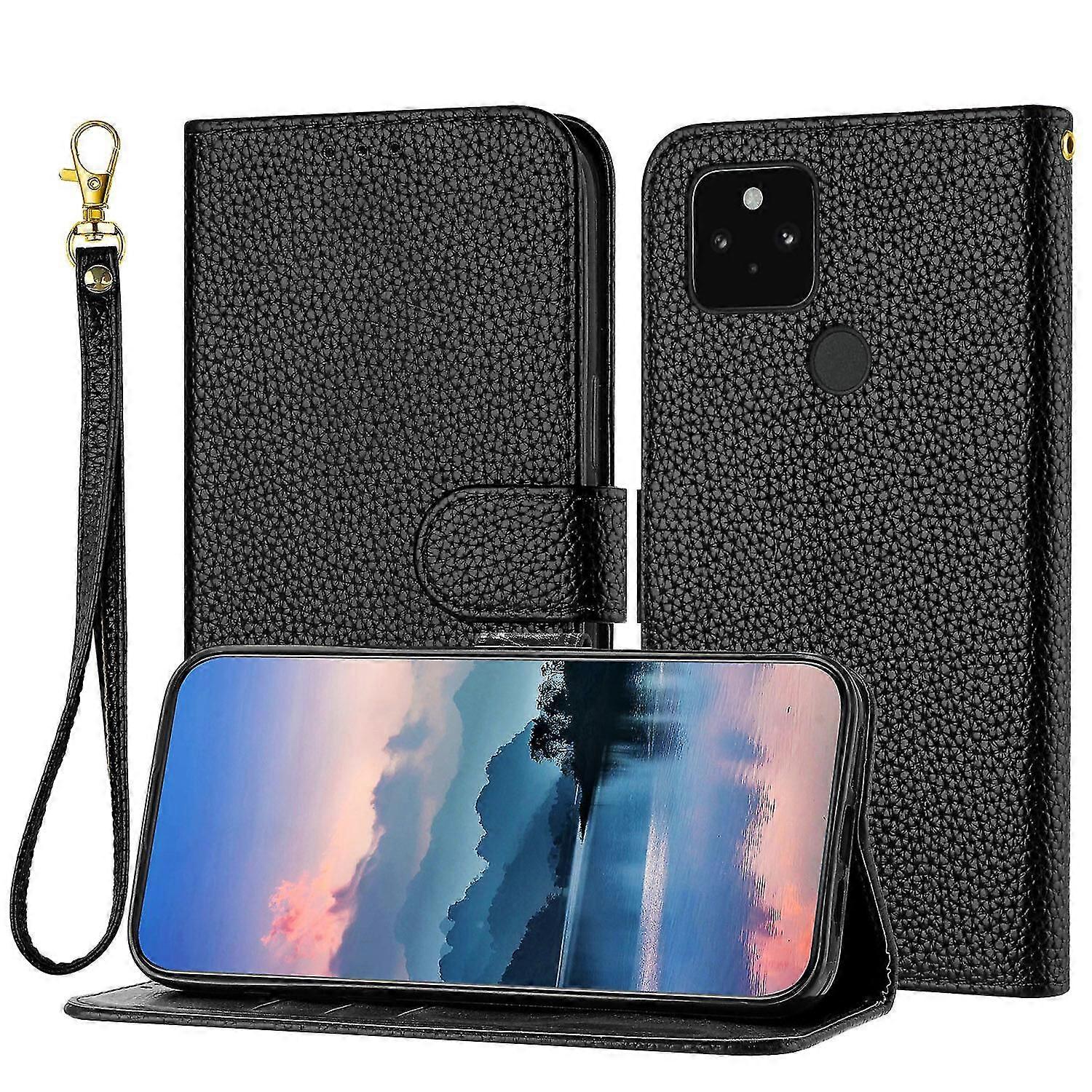 For Google Pixel 5 Case, Litchi Grain PU Leather Folio Cover Magnetic Closure Flip Wallet Card Slots Stand Case With Hand Strap,Brown