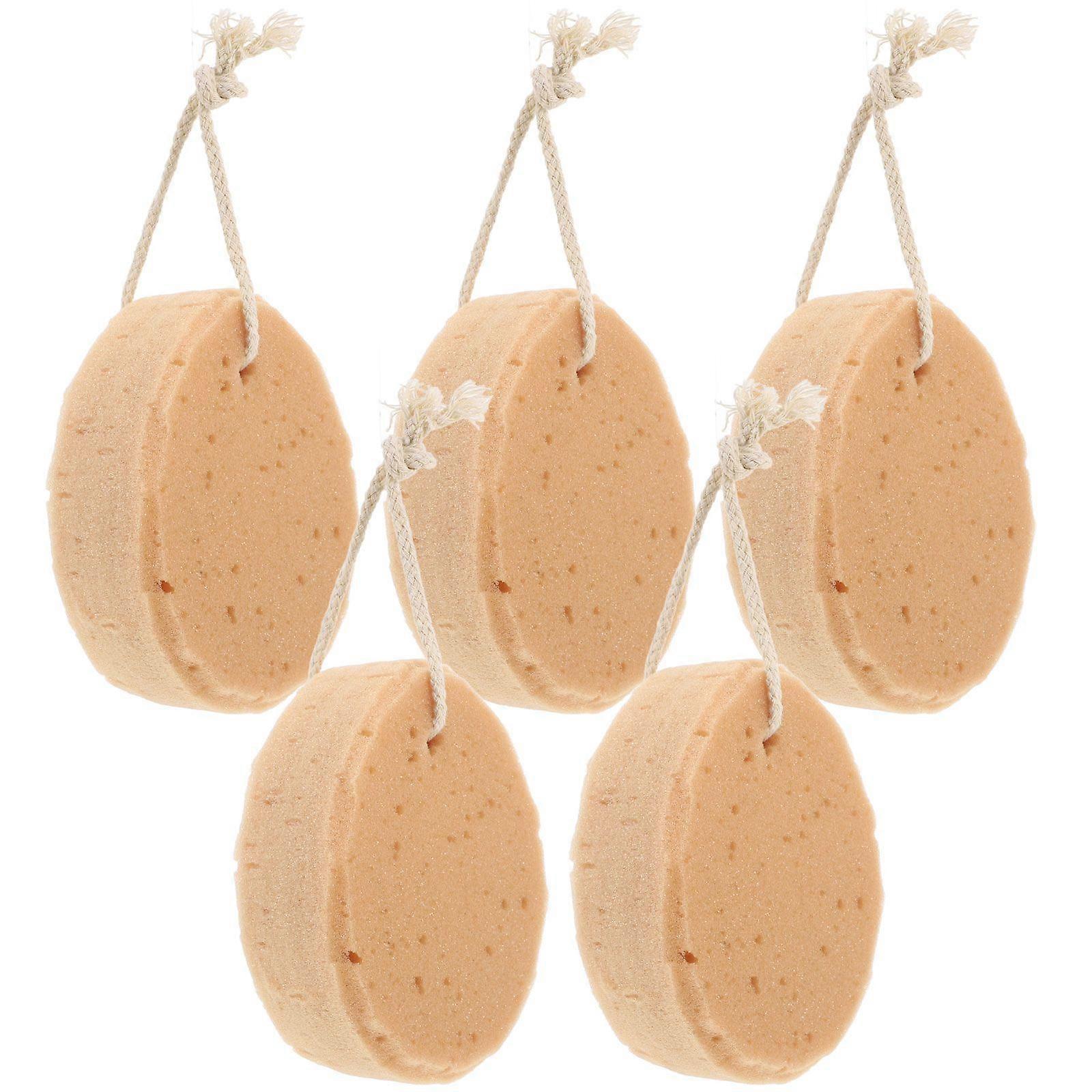5 Pcs Bath Sponge Artificial Seaweed Cotton Honeycomb Sponge Biodegradable Kids Adults Shower Supplies with Hanging Rope (Brown)