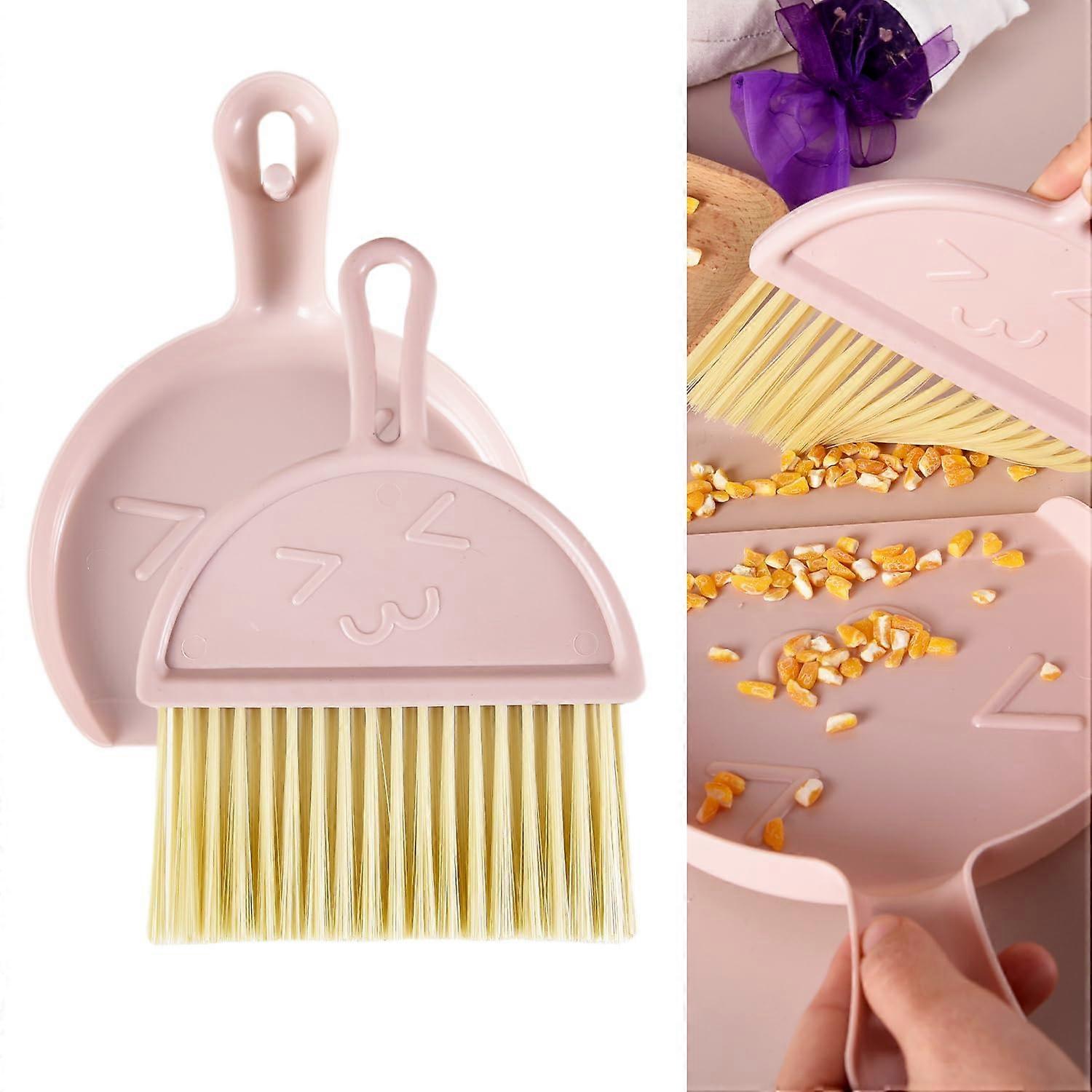 Mini Dustpan and Brush Set - Portable Small Broom and Dustpan Cleaning Tools with Soft Bristles for Dining Table and Office (Pink)
