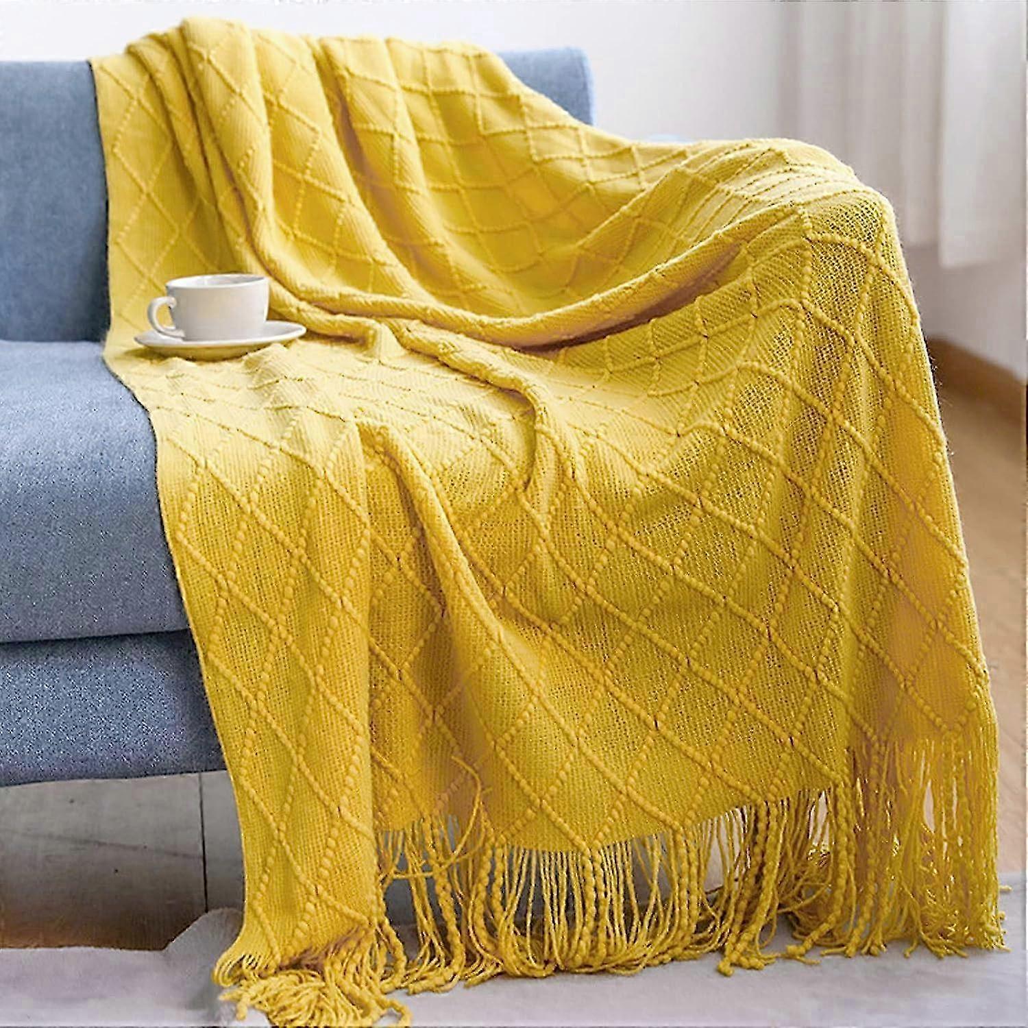 Fringed Knitted Wool Blanket Bedding Solid Color Scottish Nordic Yellow Blanket Fashion Soft Blanket Sofa Decorative Throw Bedspread 130*200+15CM shal