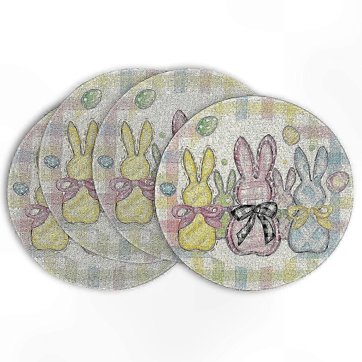 Easter round tablecloth set of 4 for 14-inch tables with colorful rabbit egg designs, perfect for spring food decoration at festive gatherin