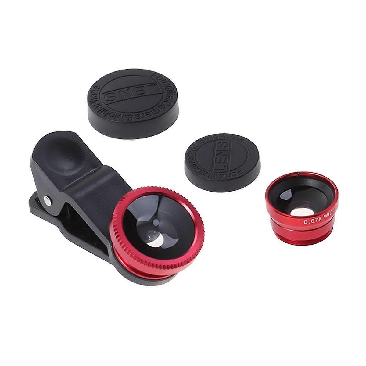 Universal Portable Cell Phone Camera Lens Super Wide Angle Lens Macro Lens and Fisheye Lens Clip on 3 in 1 Mobile Phone Lens for 6S/7/8/X (Red)