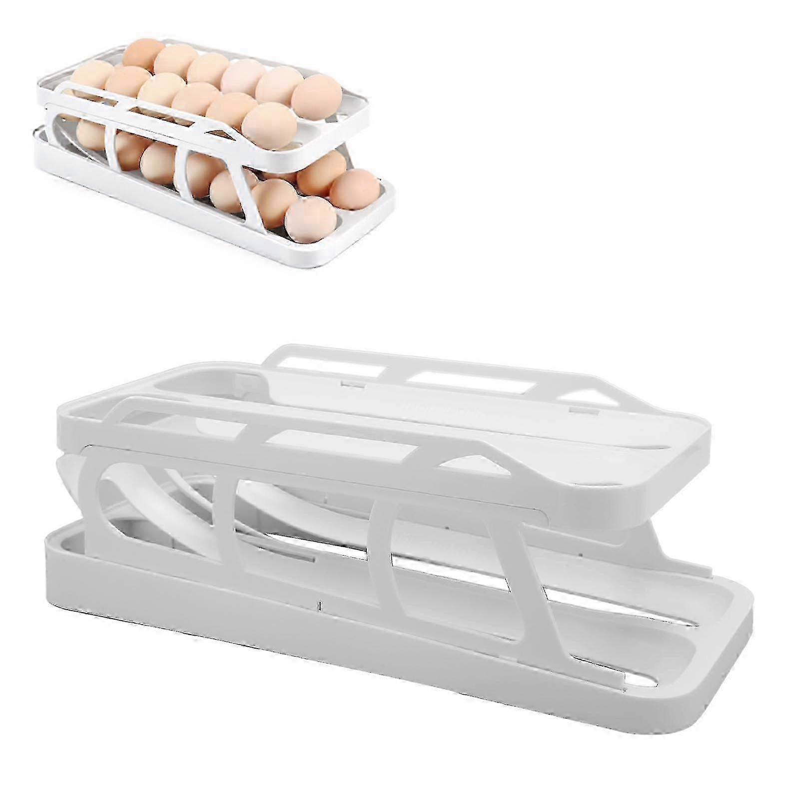 2-Tier Rolling Egg Dispenser Organizer for Refrigerator Storage - White Space-Saving Kitchen Container