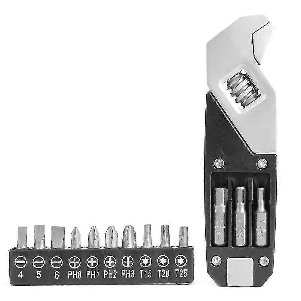 Folding Hex Socket Wrench Stainless Steel Multifunctional Adjustable Home Repair Hand Tool with 10Pcs Screwdriver Bits
