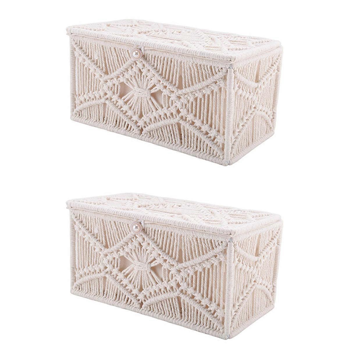 2X Tissue Box Cover Boho Decor Rectangular Paper Tissue Holder with Bead Buckle Macrame Napkin Tissu
