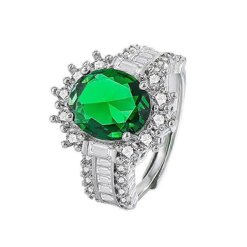 Emerald Oval Ring, Women's High Quality Open Index Finger Ring with T-Square Small Diamonds, Copper, 7*9mm