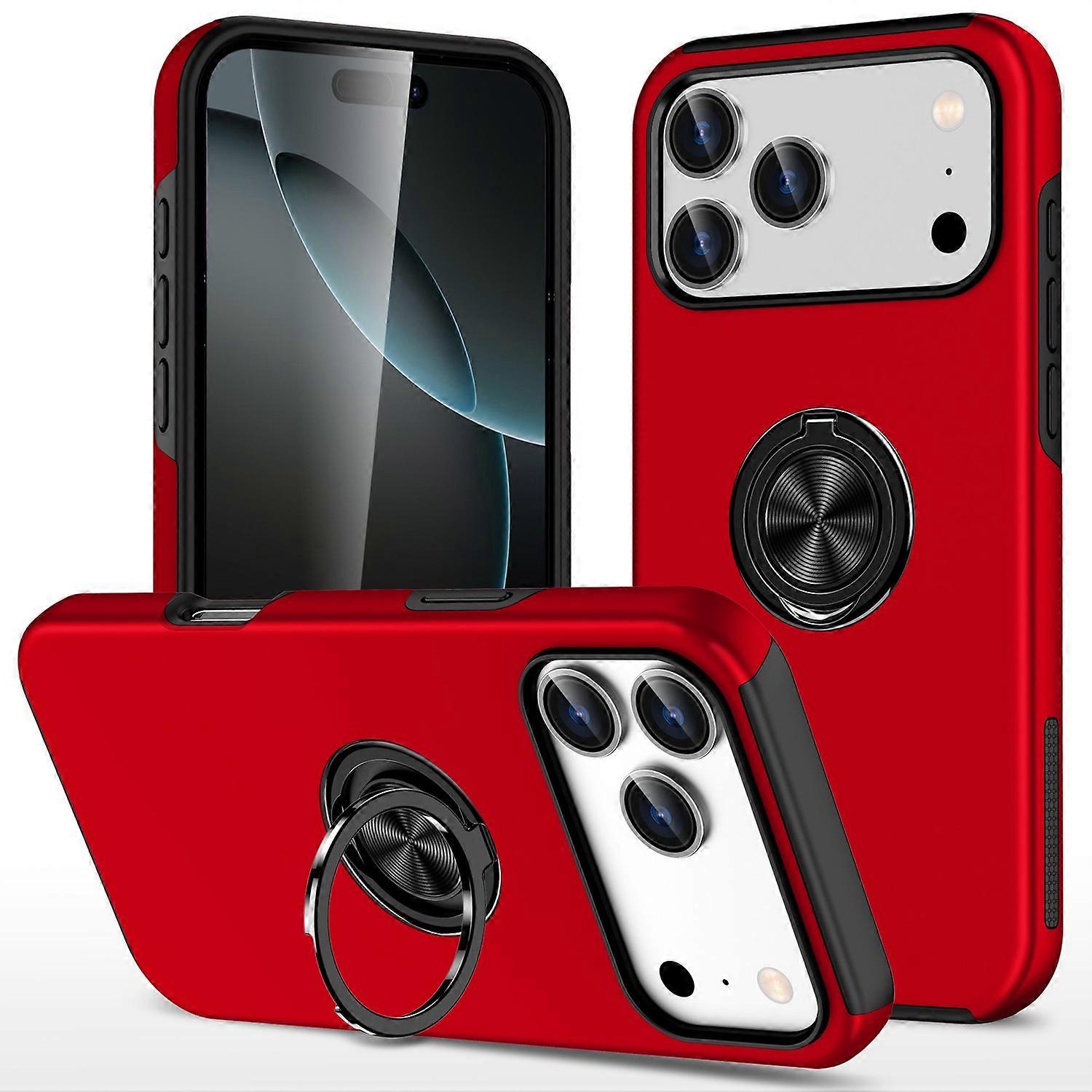 For iPhone 17 Pro Max Case PC + TPU Phone Cover with Rotatable Ring Holder - Red
