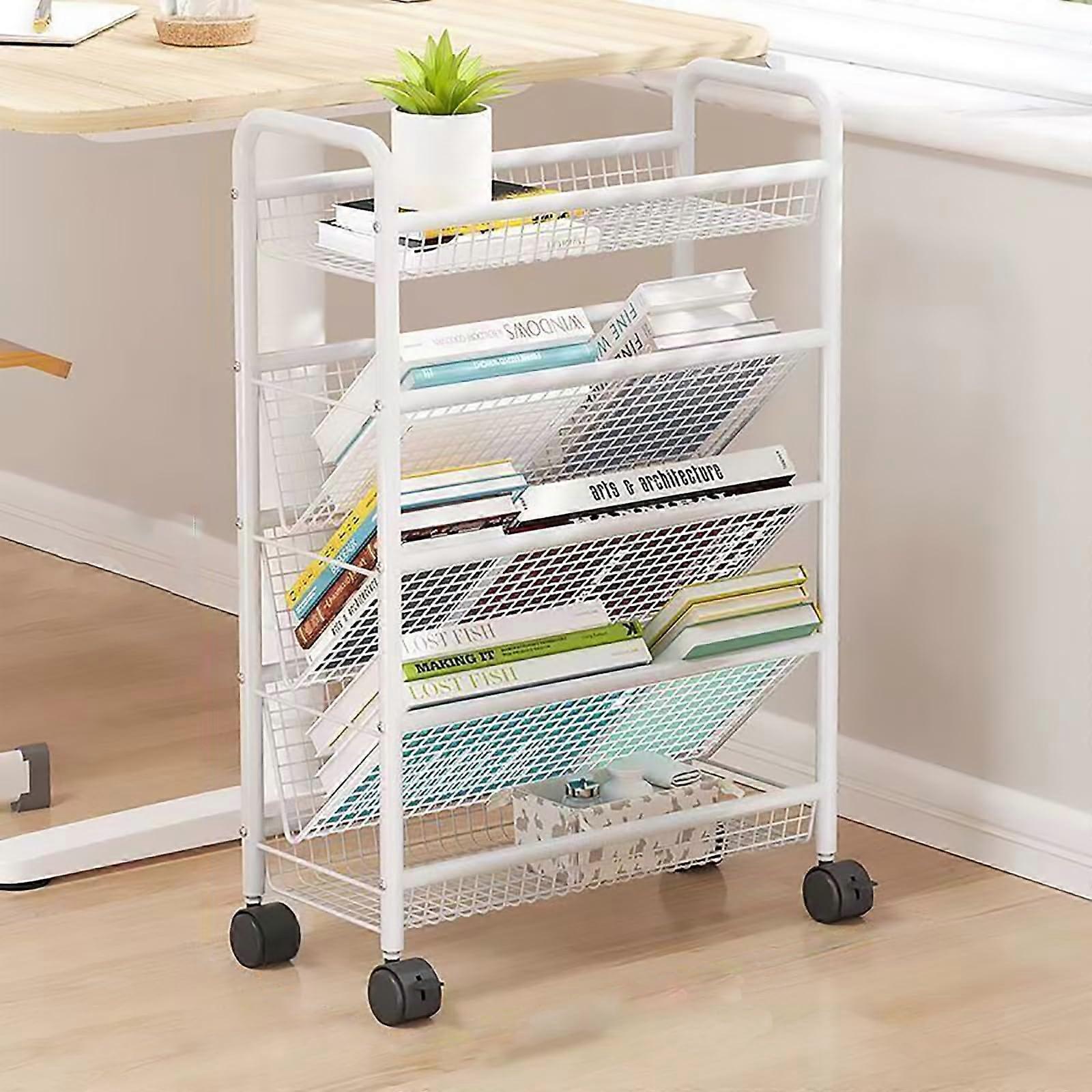 5Ti Rolling Book Cart Metal Utility Cart Easy Assemble Mobile Storage Trolley On Wheels White Display Shelf