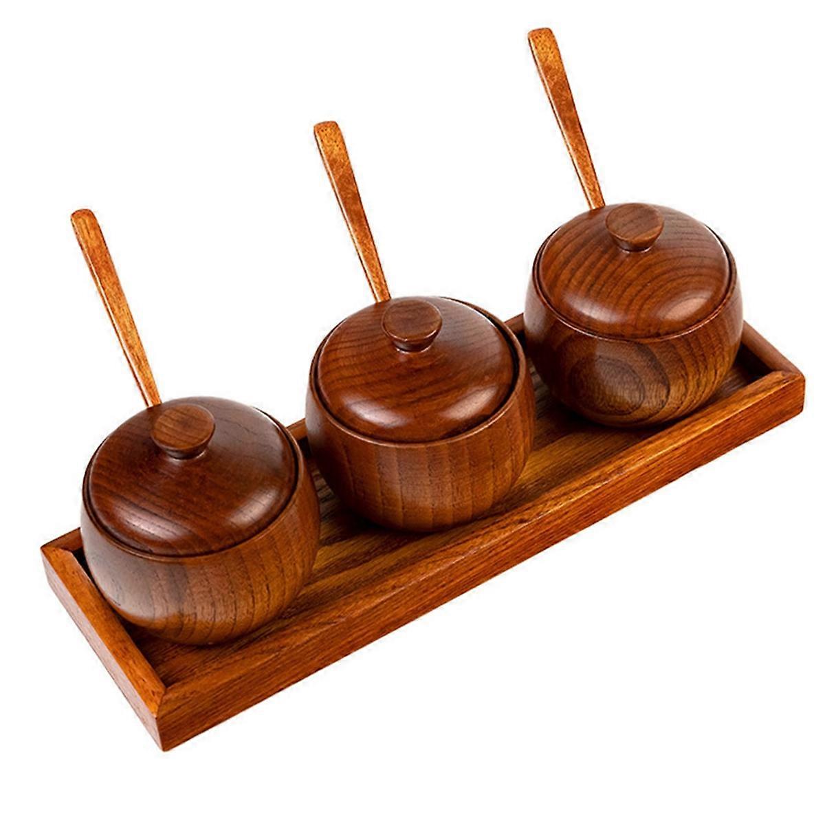 Wooden Spice Jar Set with Tray, Set of 3 Condiment Jar Canisters Pots Spice Container with Lids & Sp