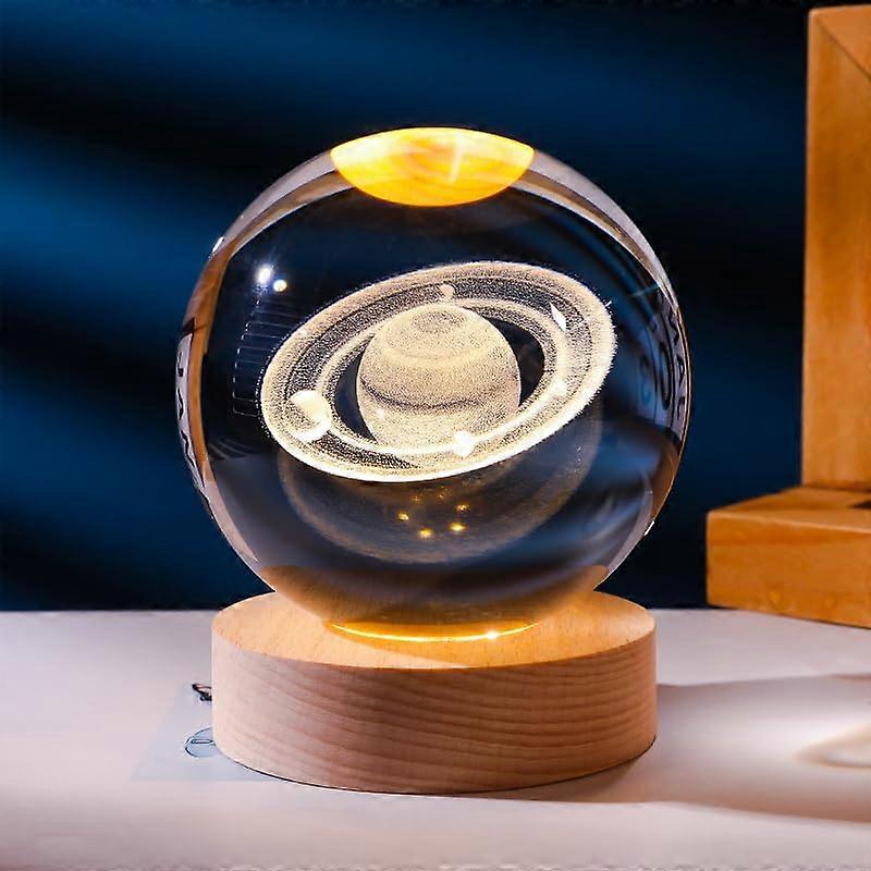 3D Saturn Planet Crystal Ball Night Light Lamp Wooden Base, LED Light Base, Solar System Engraving