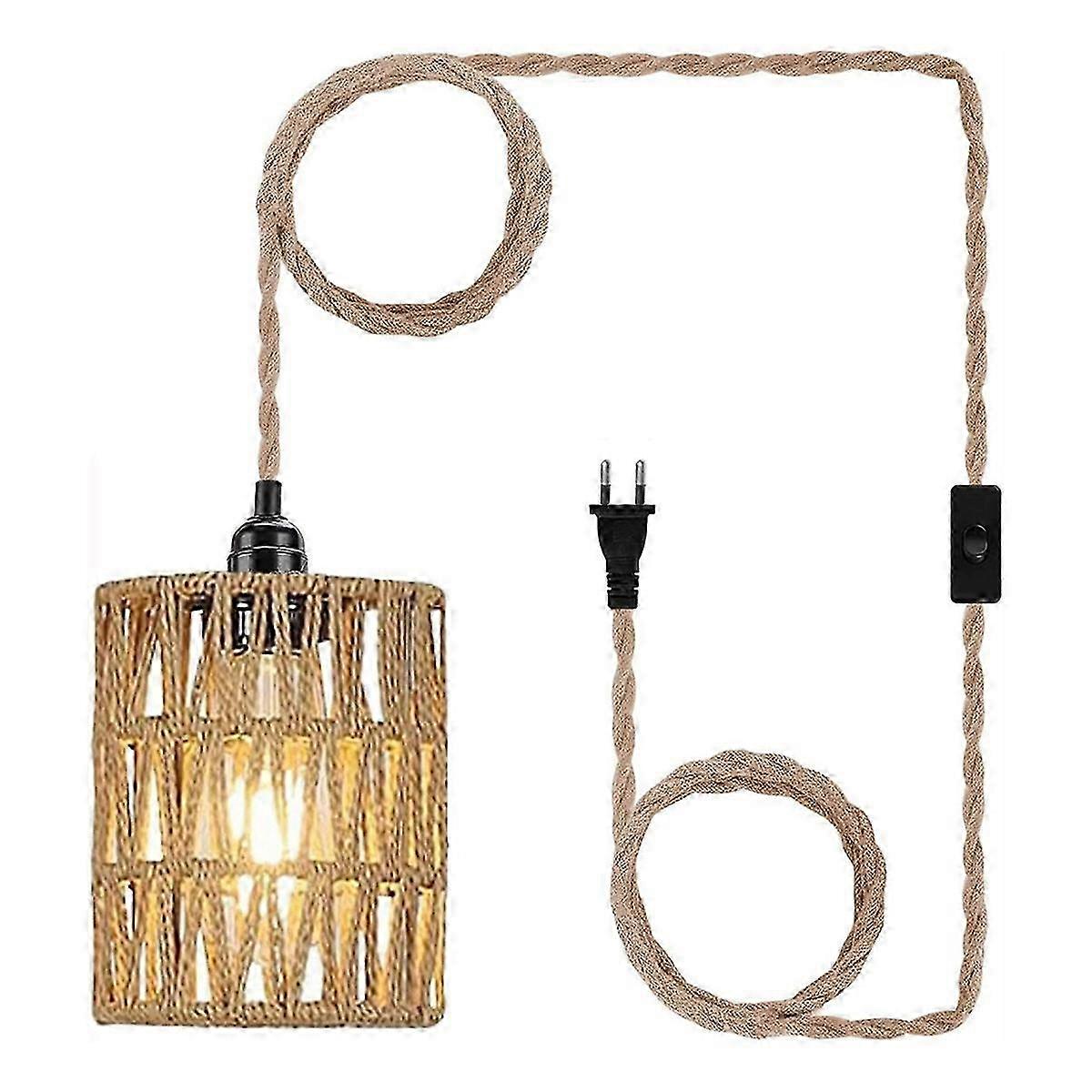 Boho Rattan Cylinder Plug-in Pendant Light | Hanging Ceiling Lamp with Plug-in Cord & Switch (EU Plug)