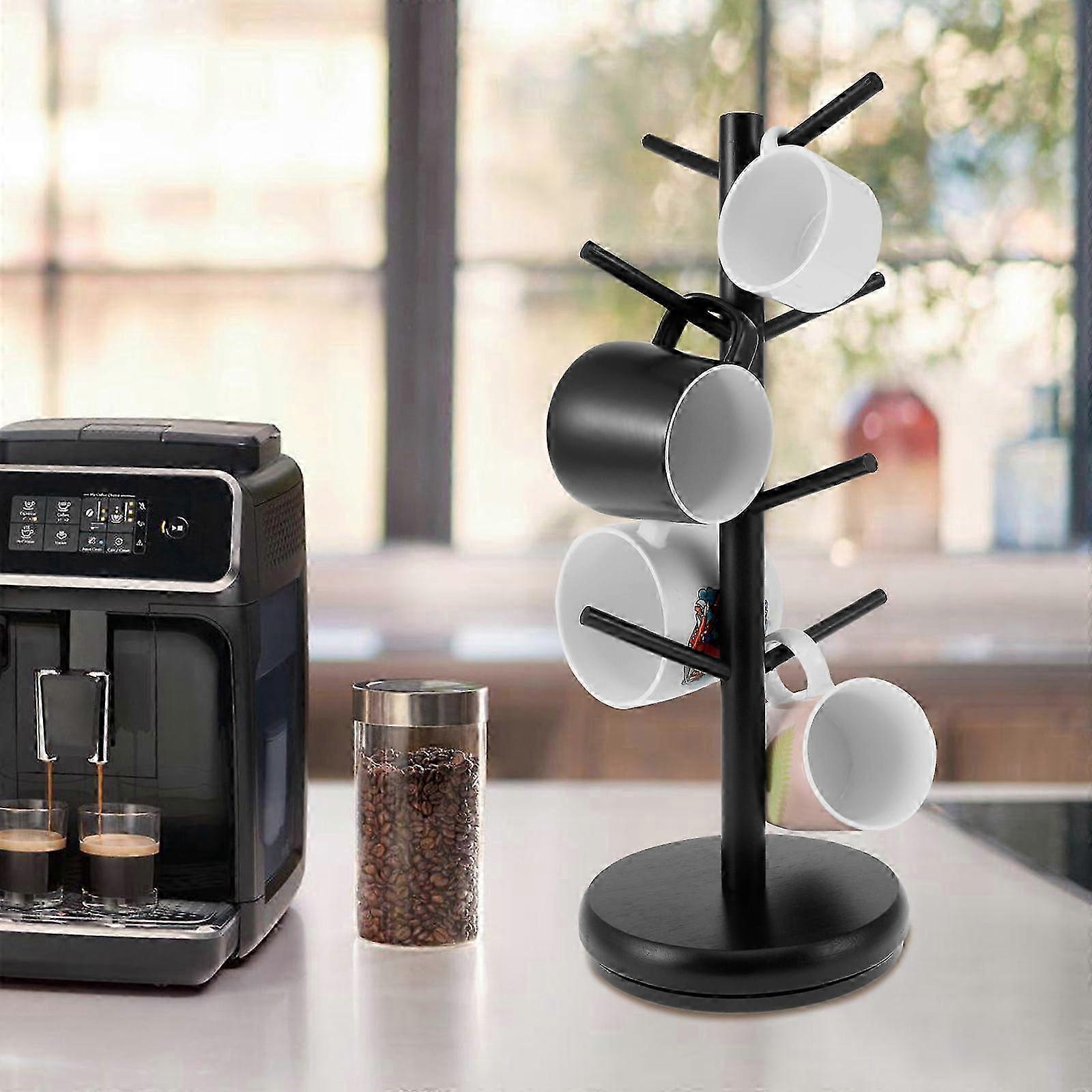 25-26 Bamboo Coffee Mug Tree with 8 Hooks, 360° Rotating Holder, Space-Saving Countertop Organizer for Kitchen or Coffee Bar