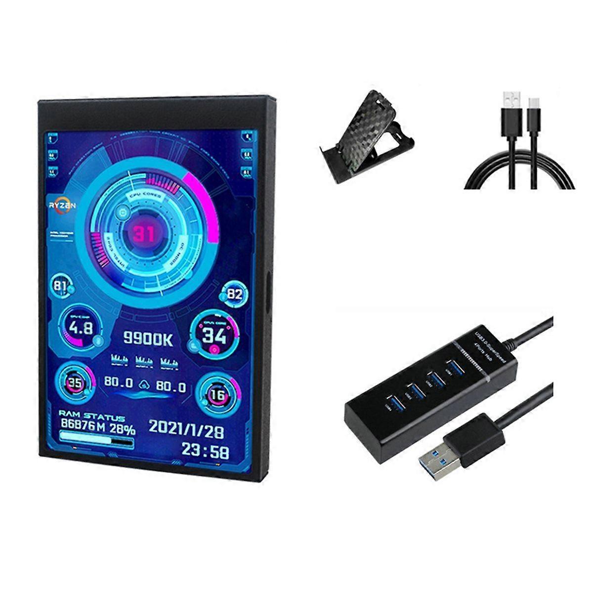 3.5 Inch IPS Mini Screen with 4-Port USB HUB for Computer CPU GPU RAM HDD Data Monitor Type-C LCD M