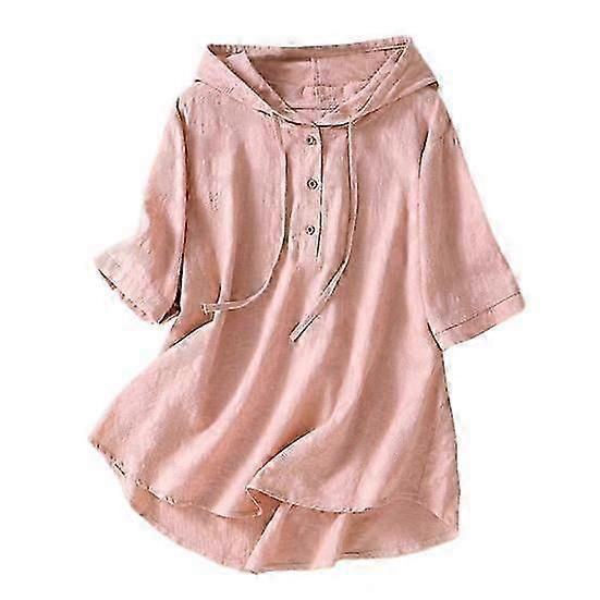 Women Solid Color T-shirt Hooded Buttons Half Placket Short Sleeve Pullover Tops Solid Color Drawstring Thin Loose Fit Blouse