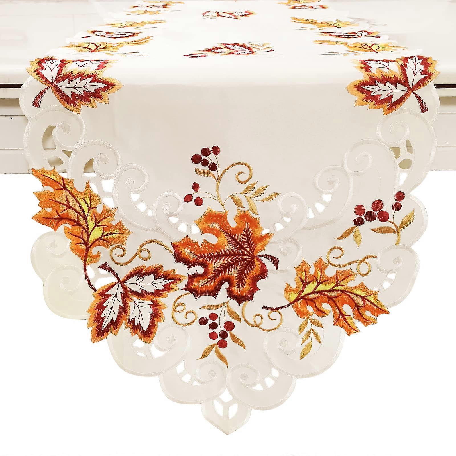 Fall Table Runner with Maple Leaf Embroidery, Elegant 15x67 Inch Thanksgiving Table Decoration