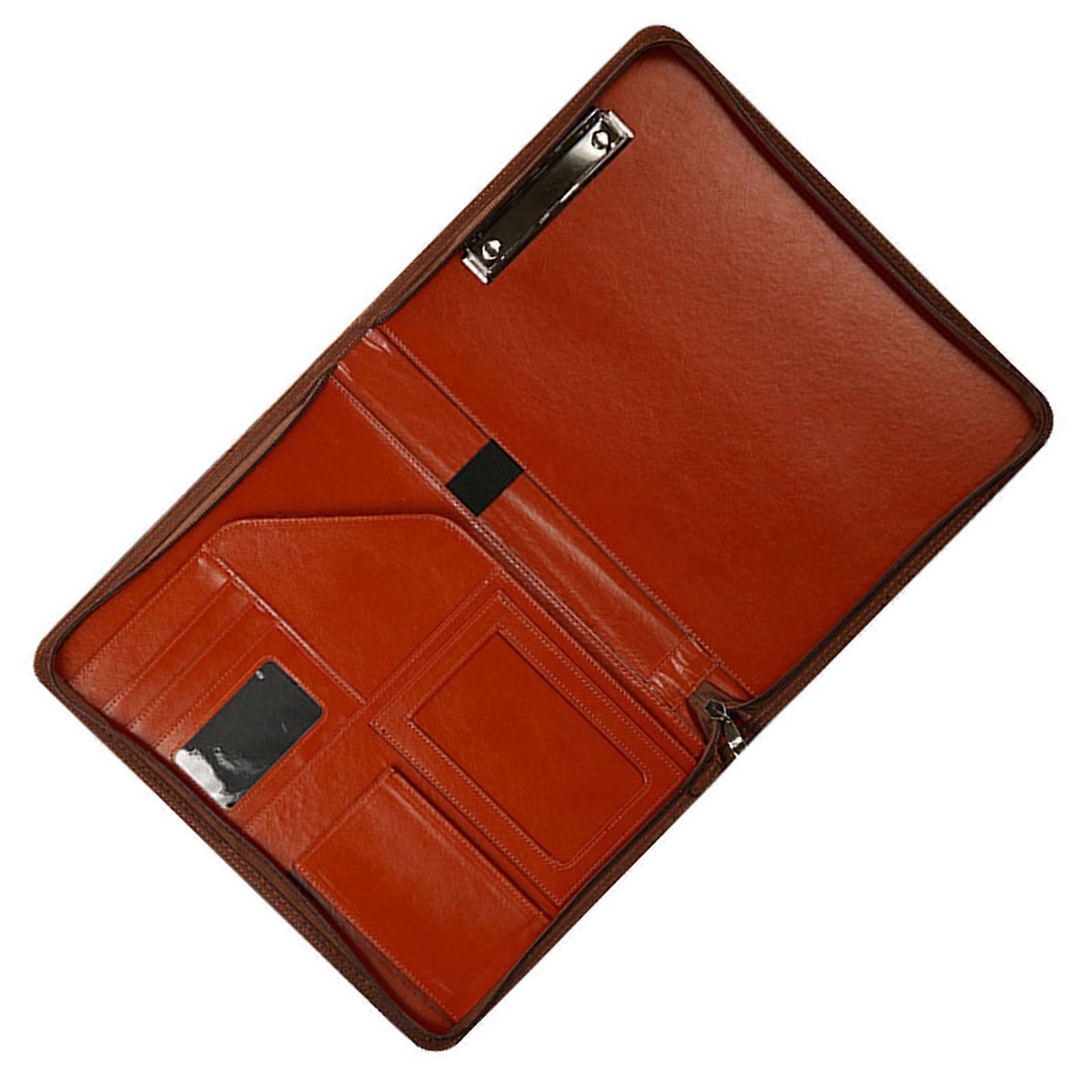 Business Document File Case with Clipboard Multiple Compartments Zippered Leather Conference Folder with Card Holder  brown