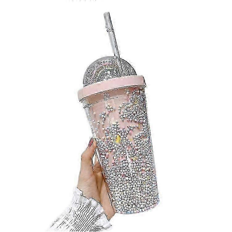 Double Layers Rainbow Plastic Water Bottle With Straw Creative 550ml Mug