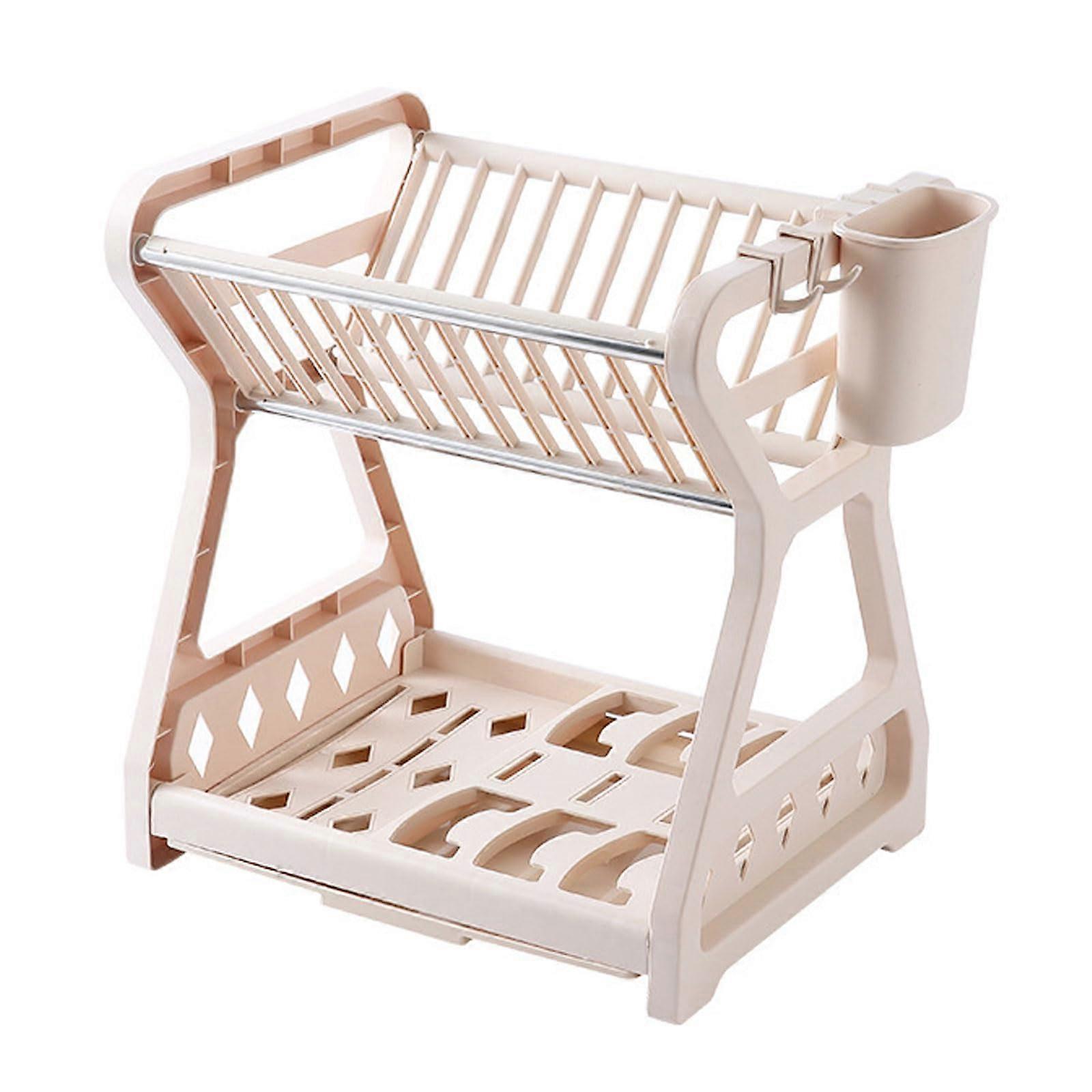 Kitchen Dish Rack Double Layer Large Capacity with Hooks Fast Drain Easy Clean Tray Apricot