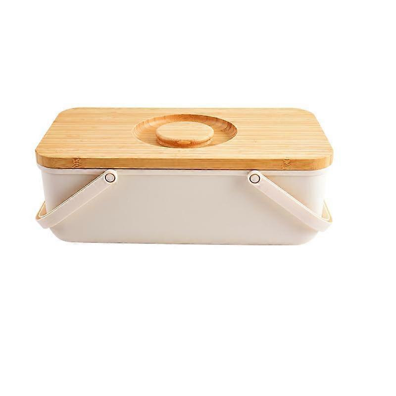 White Square Bread Box with Dual Function Bamboo Cutting Board Lid and Portable Handle for Kitchen