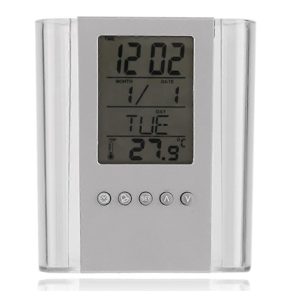 Multifunction Transparent Electronic Perpetual Calendar Pen Holder Time Temperature Display Desktop 