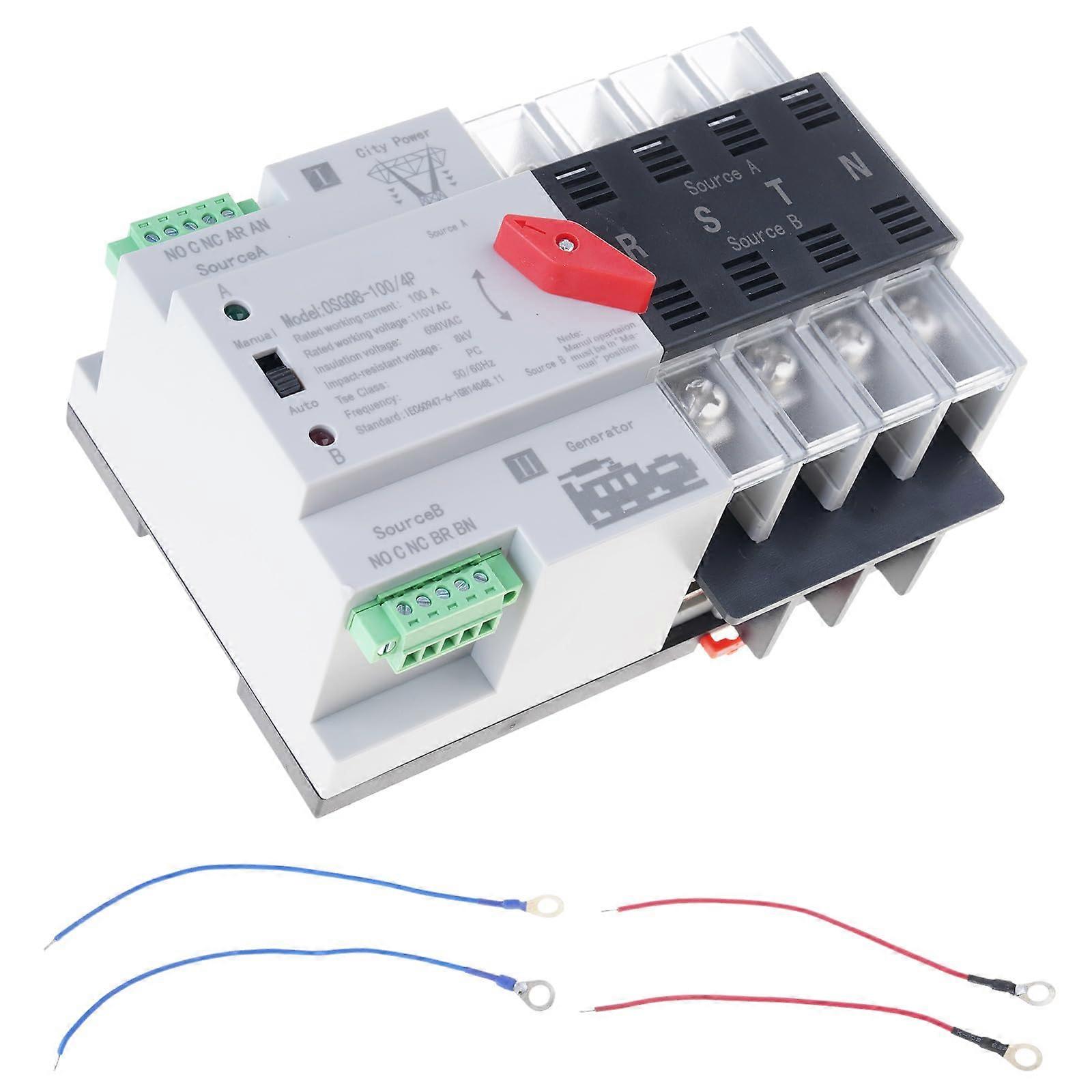 100A 4 Pole Automatic Transfer Switch for Home Generator, Dual Voltage DIN Rail Mounted