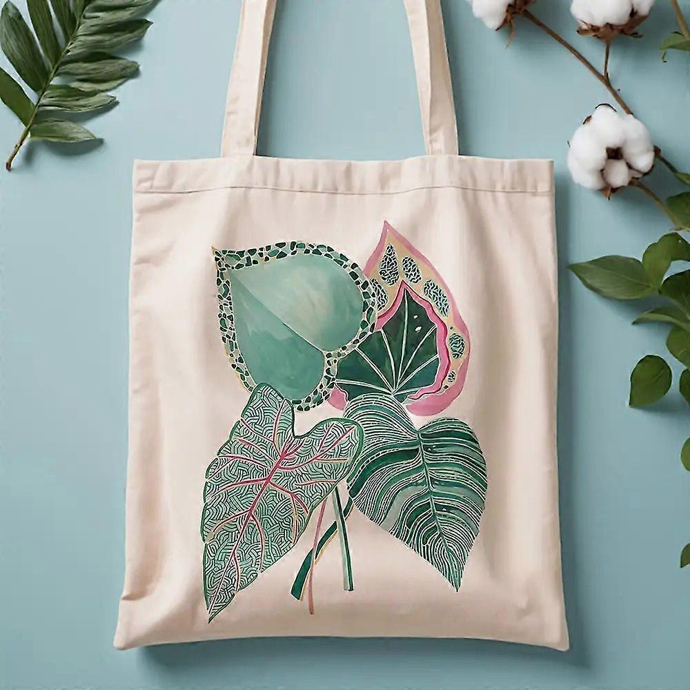 Sac cabas imprimé recto-verso à motif de feuilles tropicales - Sac de courses orné de feuilles vertes et roses éclatantes, en tissu Rpolk robuste