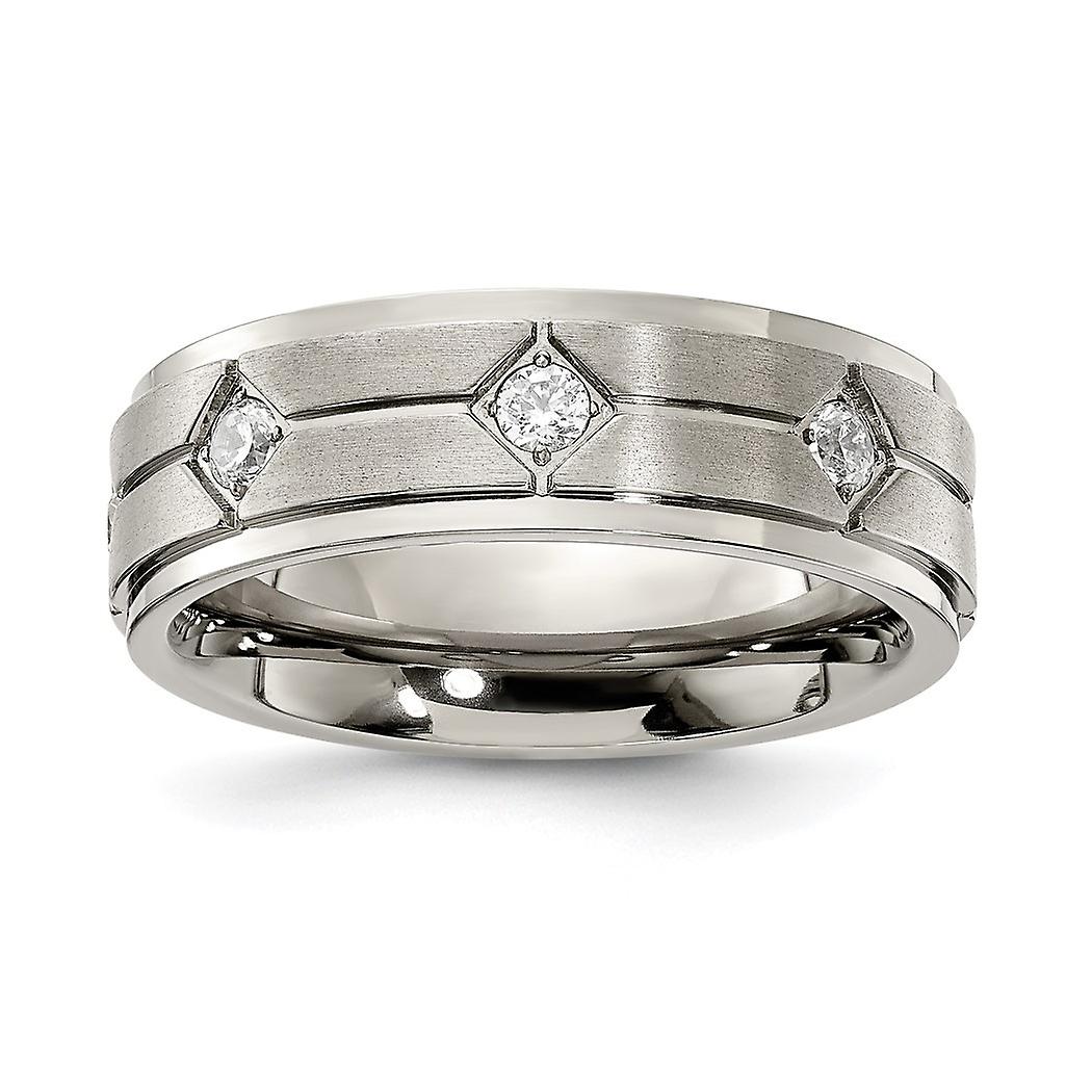 Stainless Steel Polished With Brushed Center With Cubic Zirconia 7.00mm Band-Band Style Ring for Women and Men - Ring Si