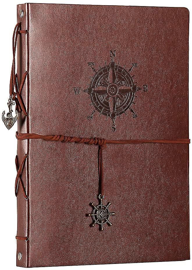 Notebook, Vintage - styled with Faux Leather Cover, Embossed Compass Design, Decorative Anchor and Ship - wheel Charms, Secured by Twine Binding