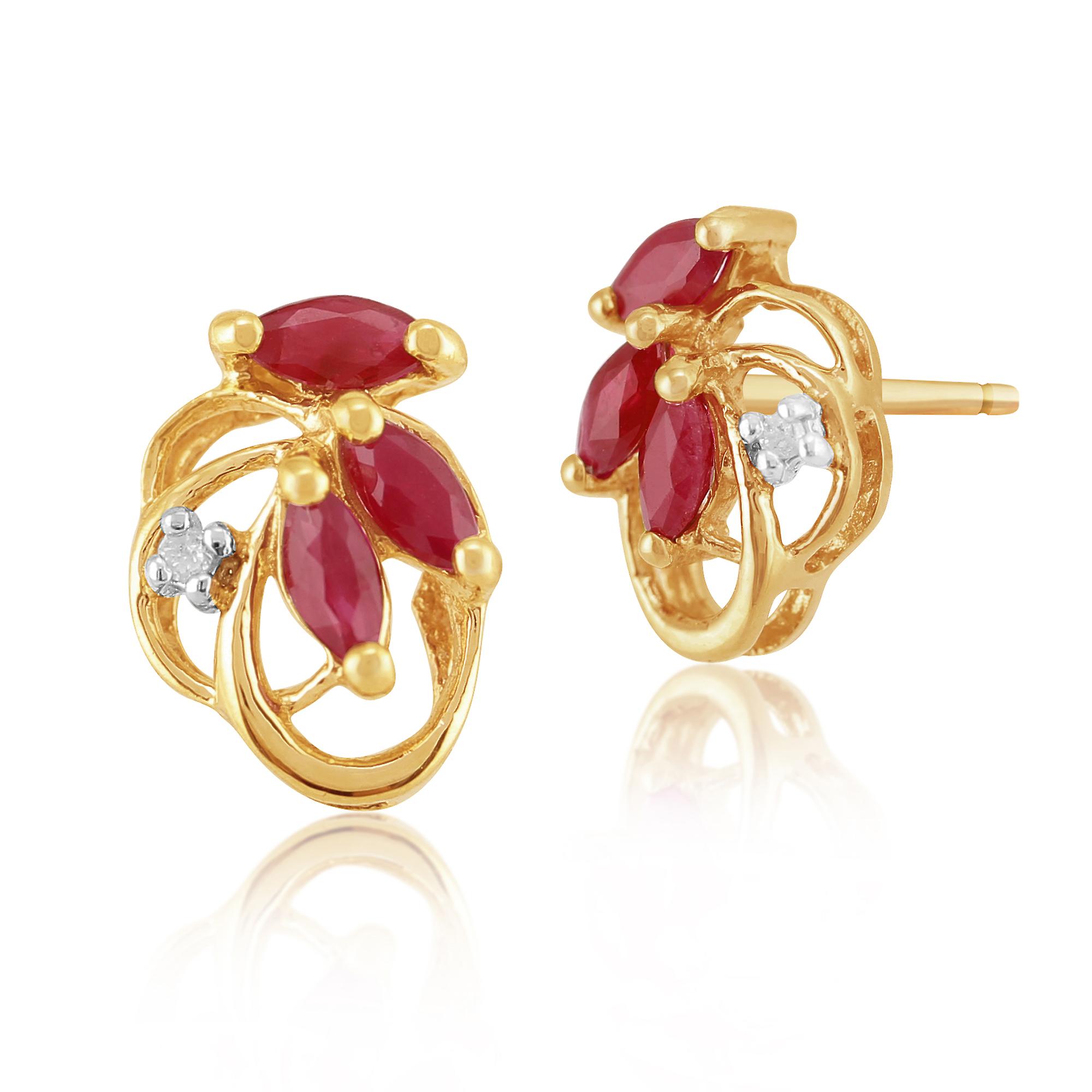 Floral Style Marquise Ruby & Diamond Stud Earrings in 9ct Yellow Gold 7012
