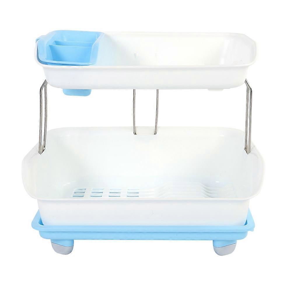 Double Tier Dish Drying Rack with Rotatable Drainer Tray (Blue)
