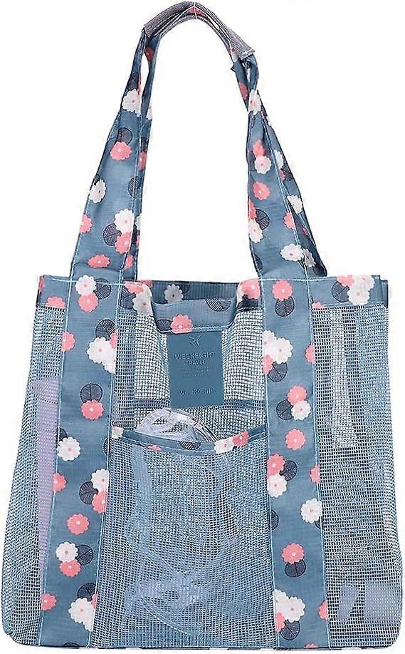 Mesh beach handbag (blue flowers), waterproof mesh foldable shoulder