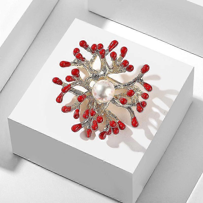 Broche perlée de fleur de corail rouge