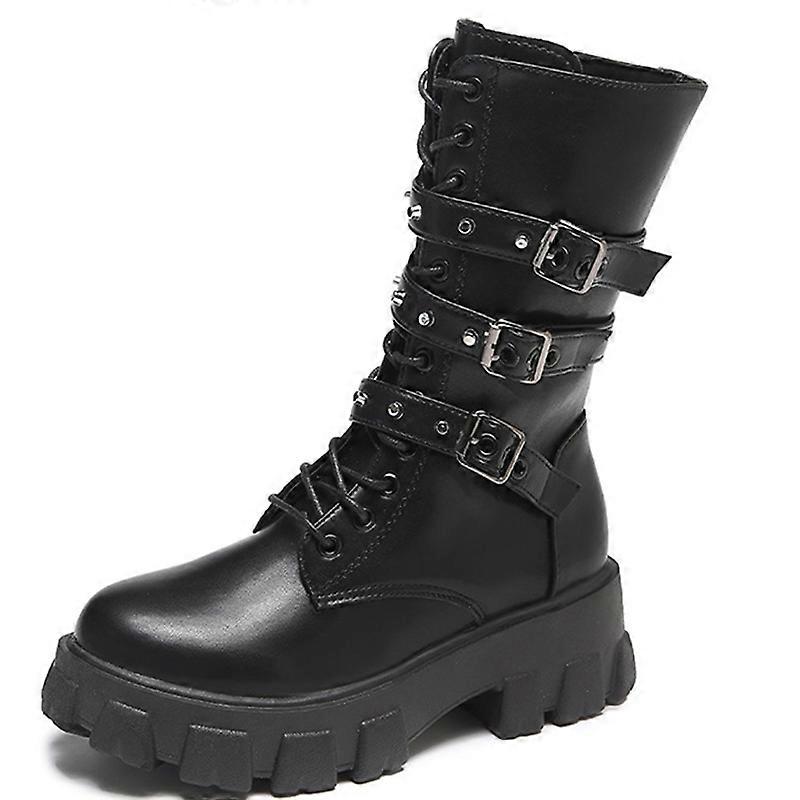 Womens Goth Chunky High Heel Mid Calf Boots Fashion Rivet Side Zip