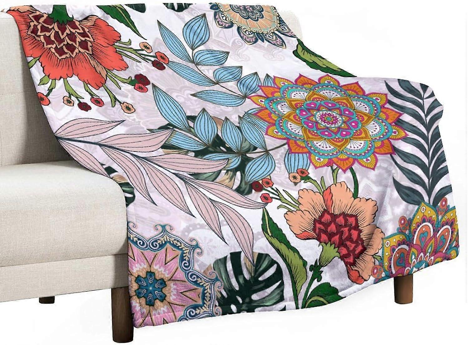 boho blommor filt för kvinnor flickor, rustik bohemisk mandala palmblad växter botaniskt tryck filt för sovrum vardagsrum soffa soffa, 30 "x40"