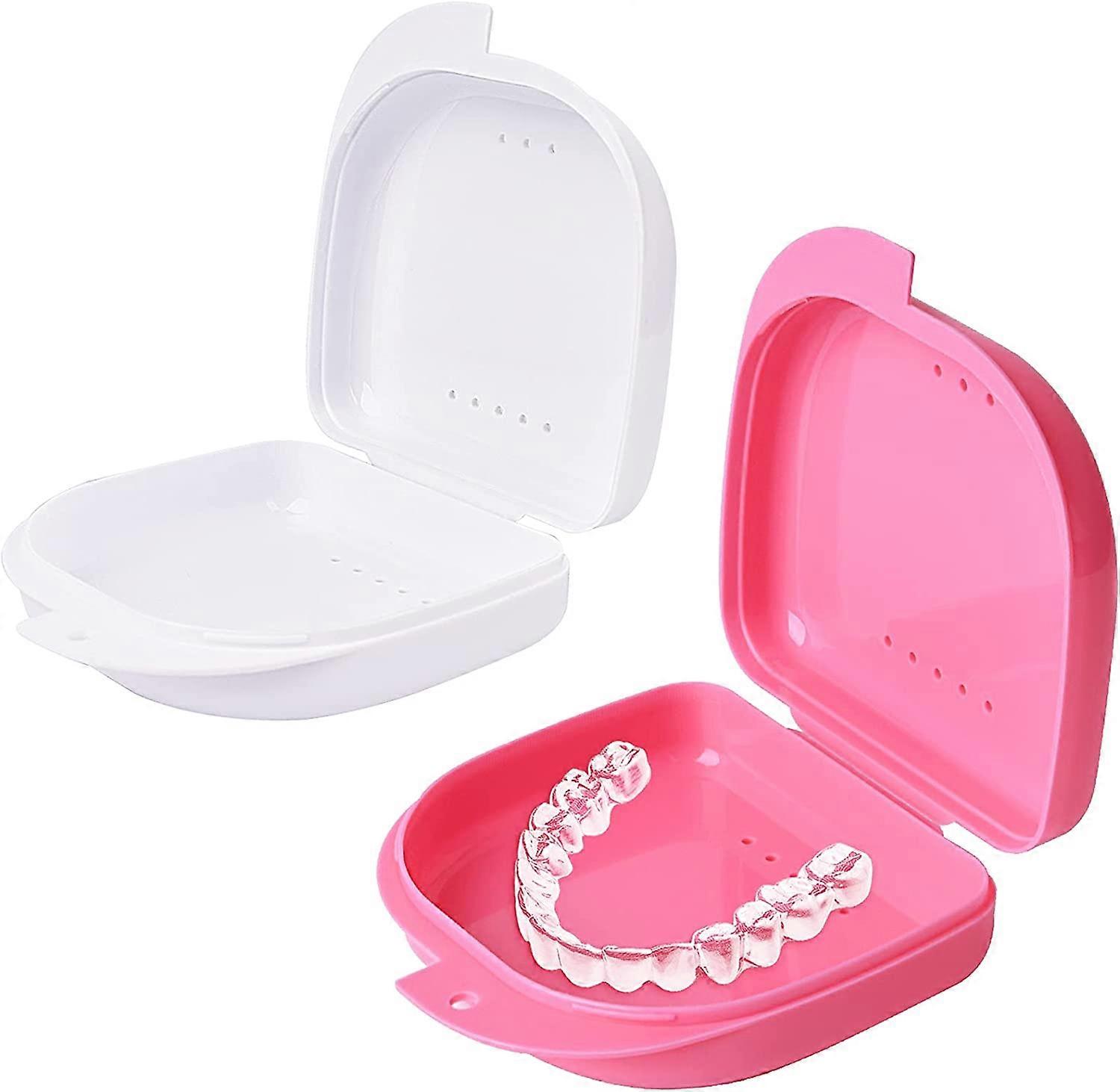 2 Pcs Retainer Box Retainer Container Partial Denture Box (Pink + White)
