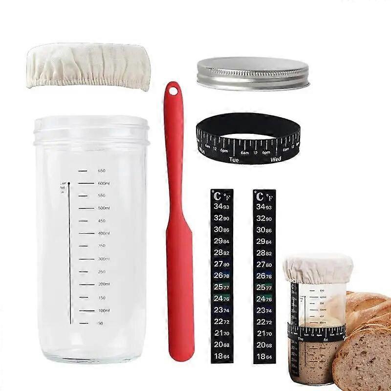 Sourdough Starter Jar Kit 730ml Heat Resistant Sourdough Starter Container with Scale Thermometer Reusable Glass Fermenters Jars