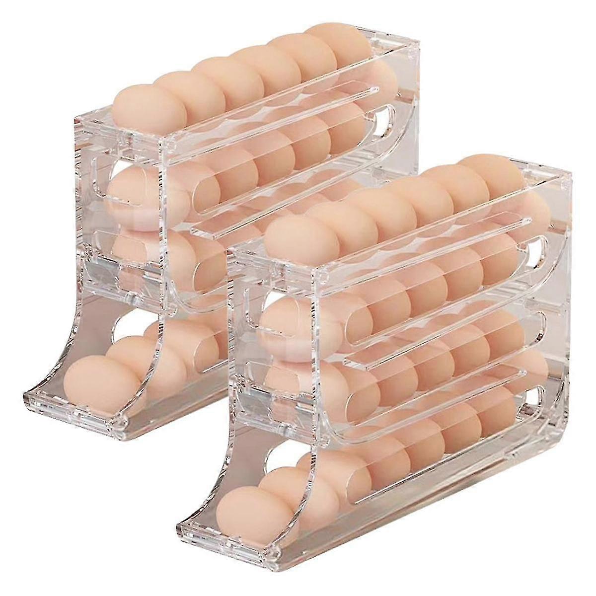 2 قطعة 4 طبقات حامل بيض للثلاجة ، حامل رف بيض موزع التمرير الأوتوماتيكي ، تخزين 30 بيضة للثلاجة والمطبخ